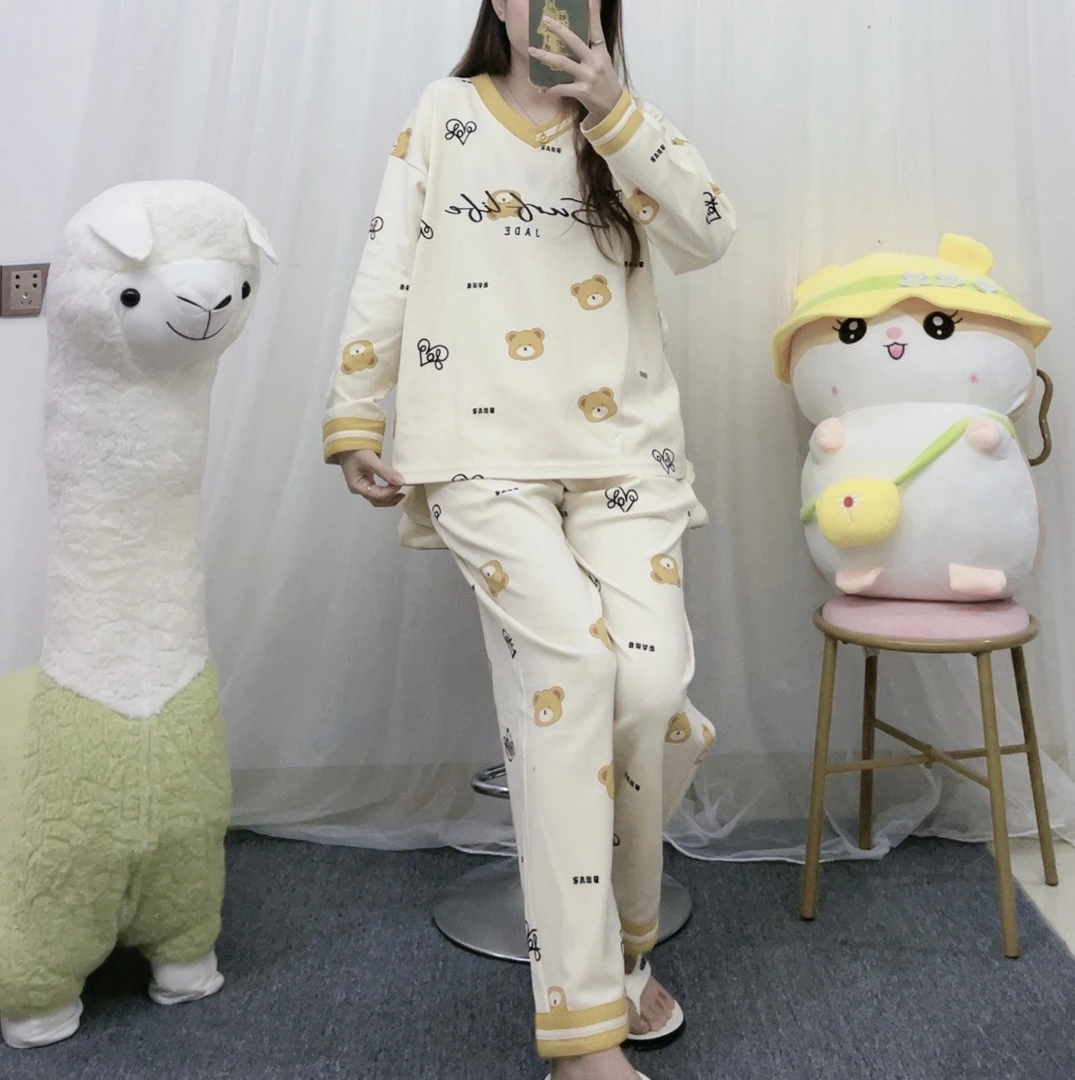 【胸垫款】纯棉v领睡衣女长袖两件套可外穿女士家居服