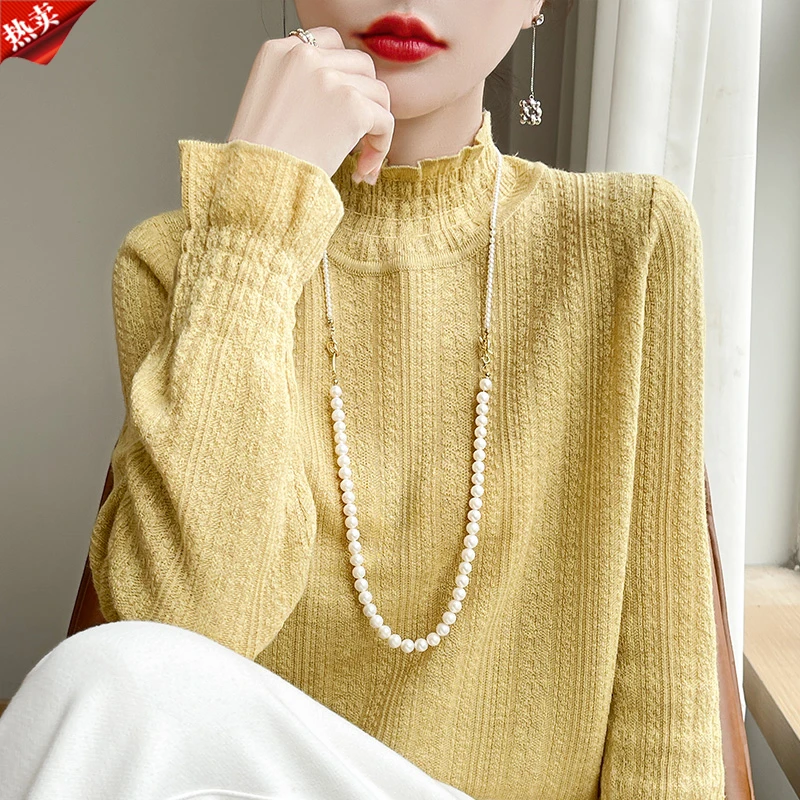 品牌女装秋冬时尚镂空百搭长袖针织衫宽松纯色蕾丝提花打底衫上衣