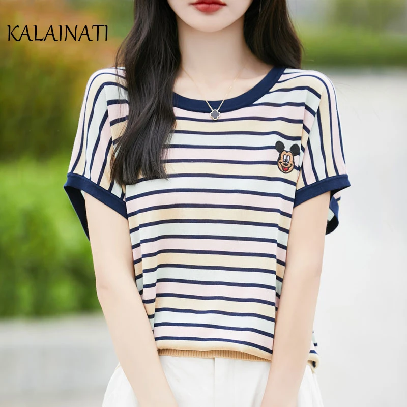 KALAINATI时尚品牌夏季新款休闲百搭撞色条纹女针织T恤衫米奇刺绣