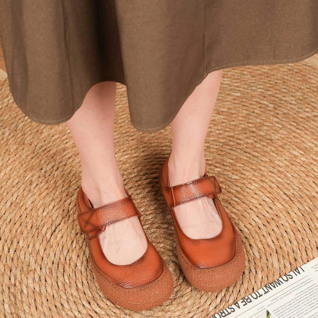 RD1788-2手工复古头层牛皮魔术扣女单鞋软底平底新款浅口舒适平底