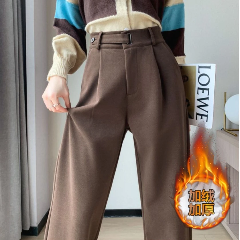 窄脚毛呢阔腿裤女秋冬2023新加绒加厚高腰西装裤高级感垂感直筒裤