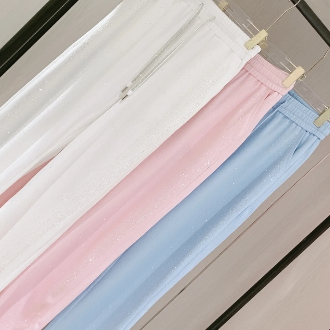 033夏款侧钻高腰显瘦烫钻松紧腰直筒裤