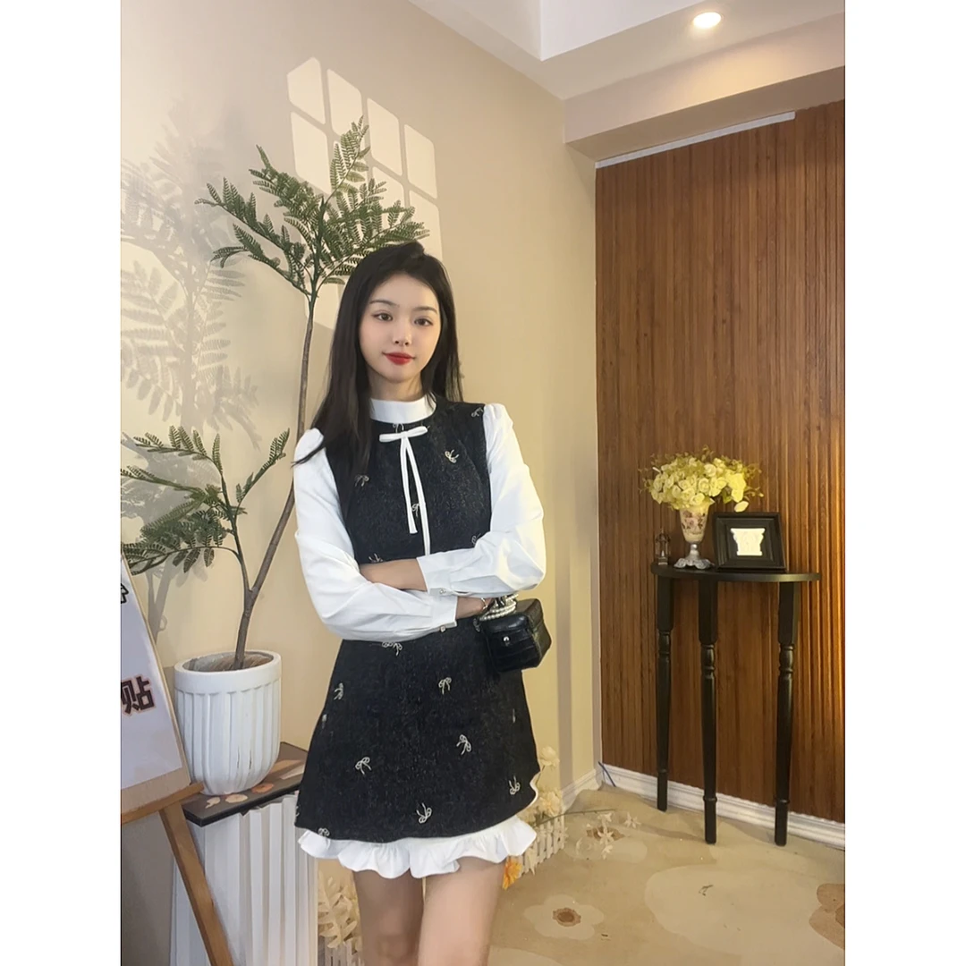 miu系千金 黑色假两件小香风气质复古法式设计秋冬连衣裙显瘦时尚