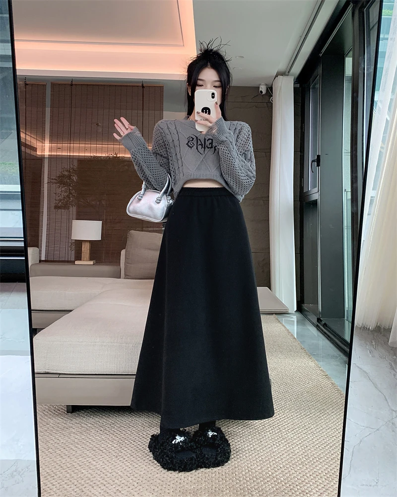 毛呢黑色半身裙秋冬新款大码高腰显瘦长裙梨形a字大摆伞裙2329款