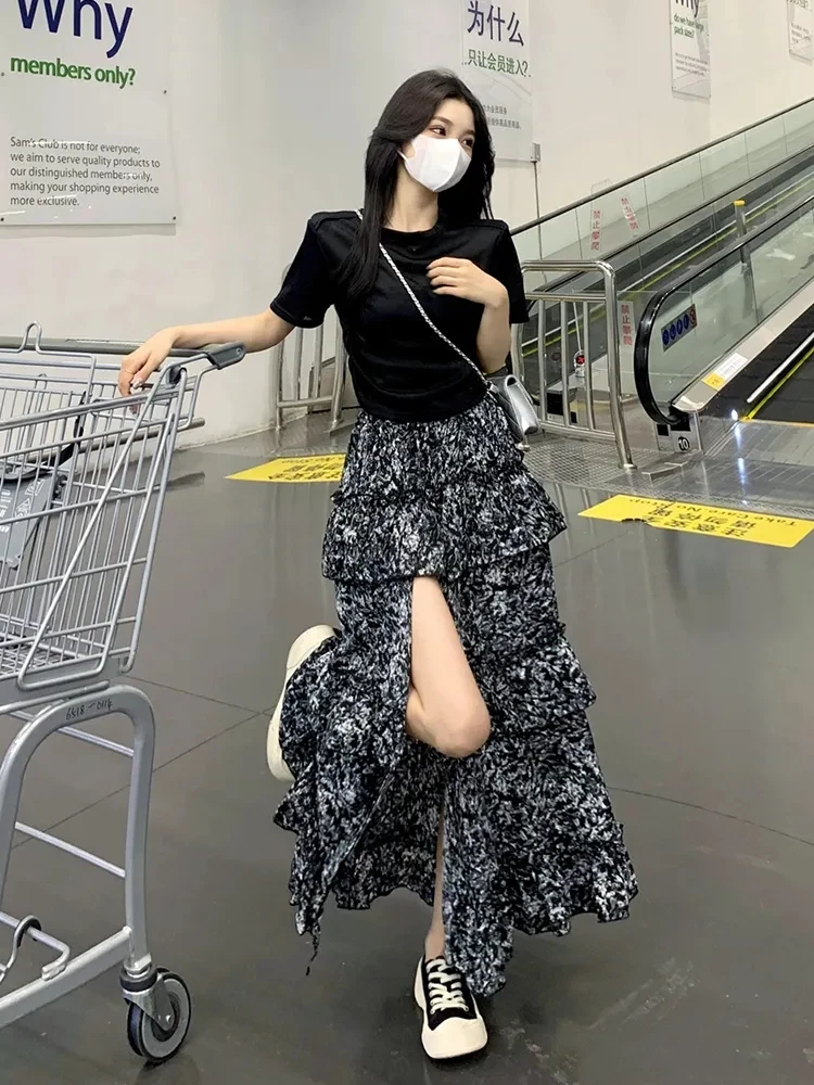 碎花半身裙女2025春夏百搭高档显瘦大码高腰洋气雪纺A字开叉长裙