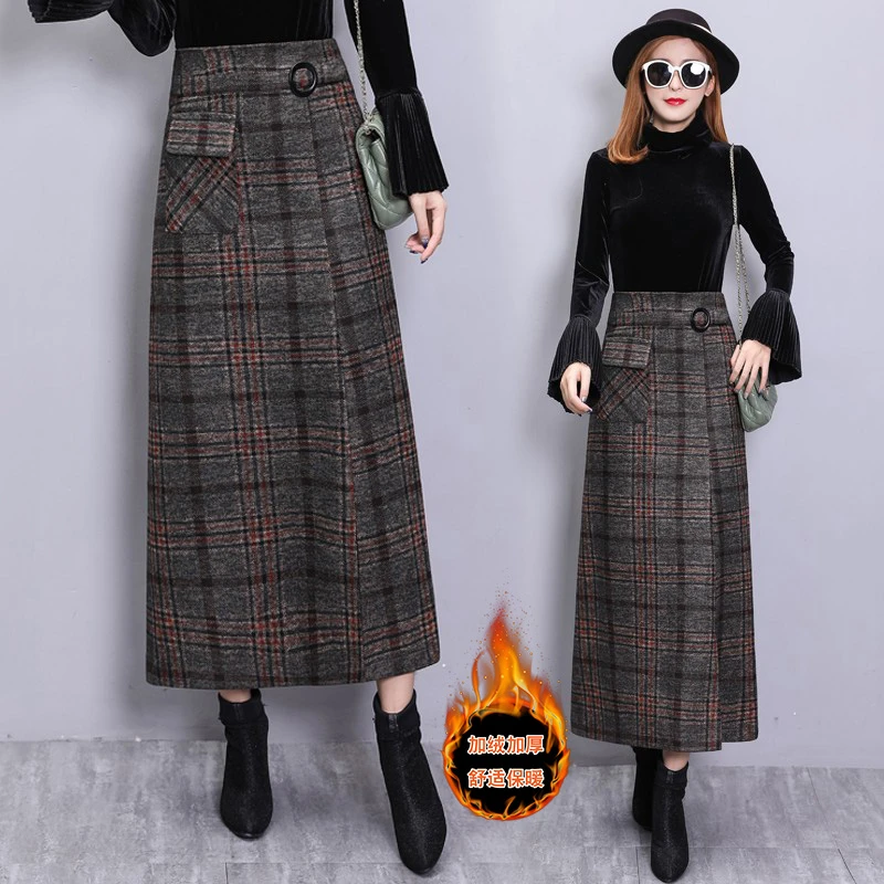 毛呢半身裙格子裙女2025春季新款毛呢a型高腰包臀裙中长款女半身