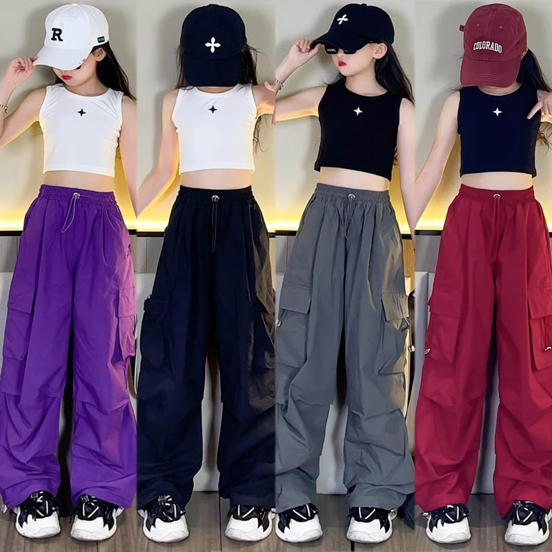 多巴胺工装裤女童夏季2025新款儿童潮酷街舞爵士裤子女大童阔腿裤