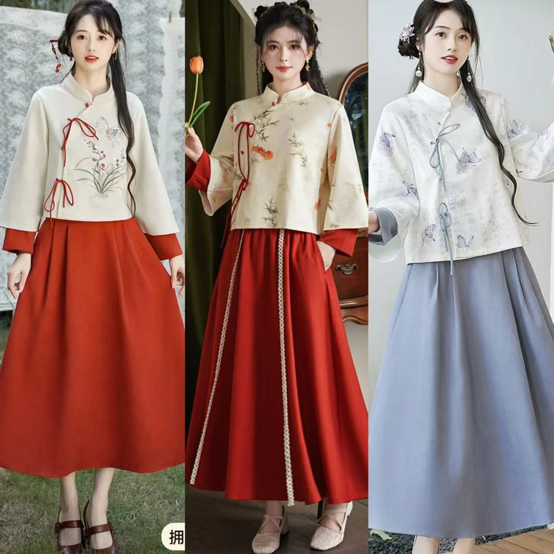 【加绒来也12】新中式国风仙气改良汉服长袖上衣半裙温婉两件套装