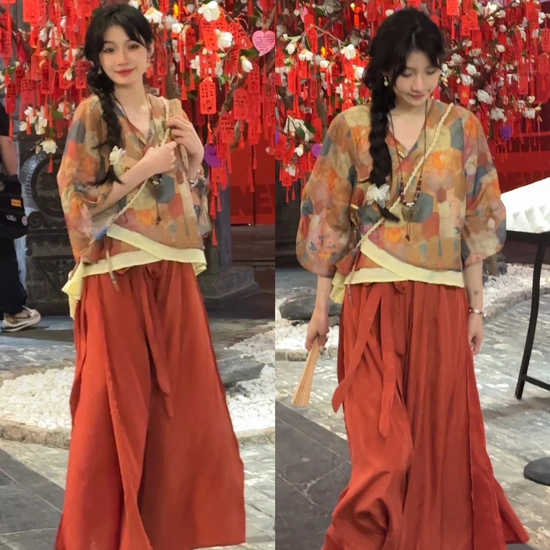 【南疆少女】古风文艺民族风套装拼色日常上衣休闲阔腿裤新中式套装