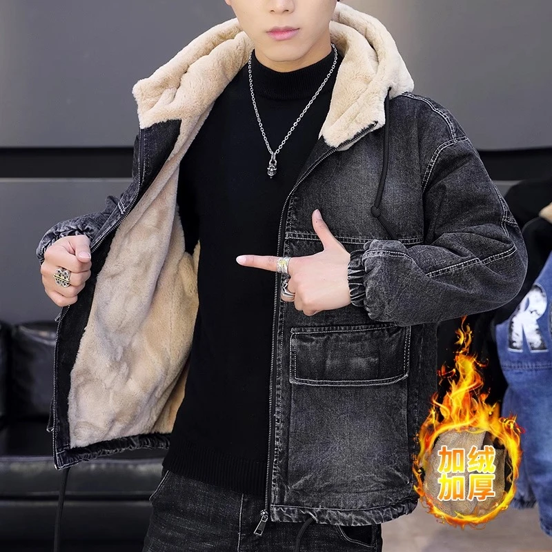 牛仔外套男冬季新款休闲潮流加绒加厚夹克棉服上衣男连帽保暖棉衣