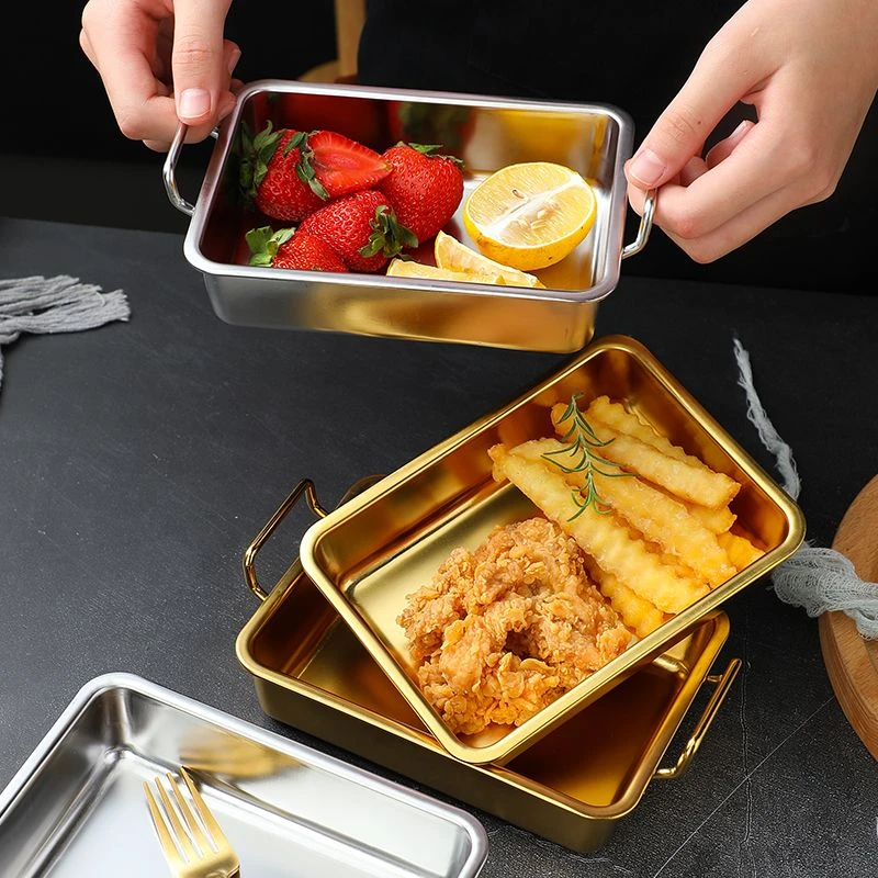 304不锈钢韩式小吃盘带手柄炸鸡盘韩式金色薯条创意甜品盘小方盘