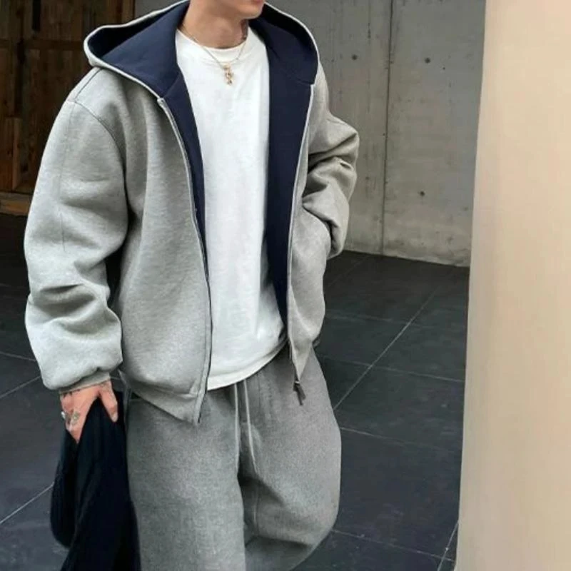 超厚款1000克拉链短款连帽开衫卫衣男士廓形秋冬百搭休闲宽松卫衣