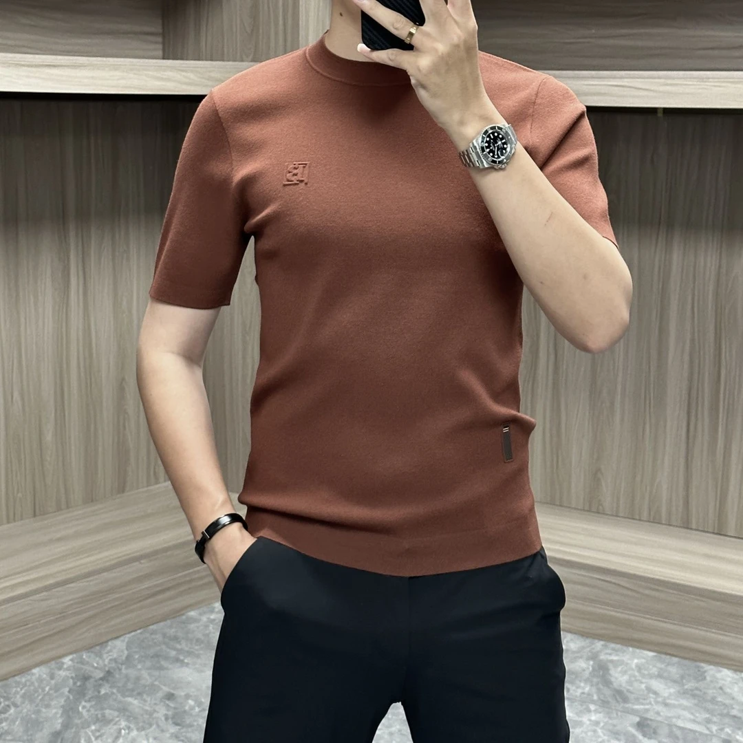 高端毛衣男短袖2024秋冬男装修身针织半袖半高领纯色百搭爆款打底
