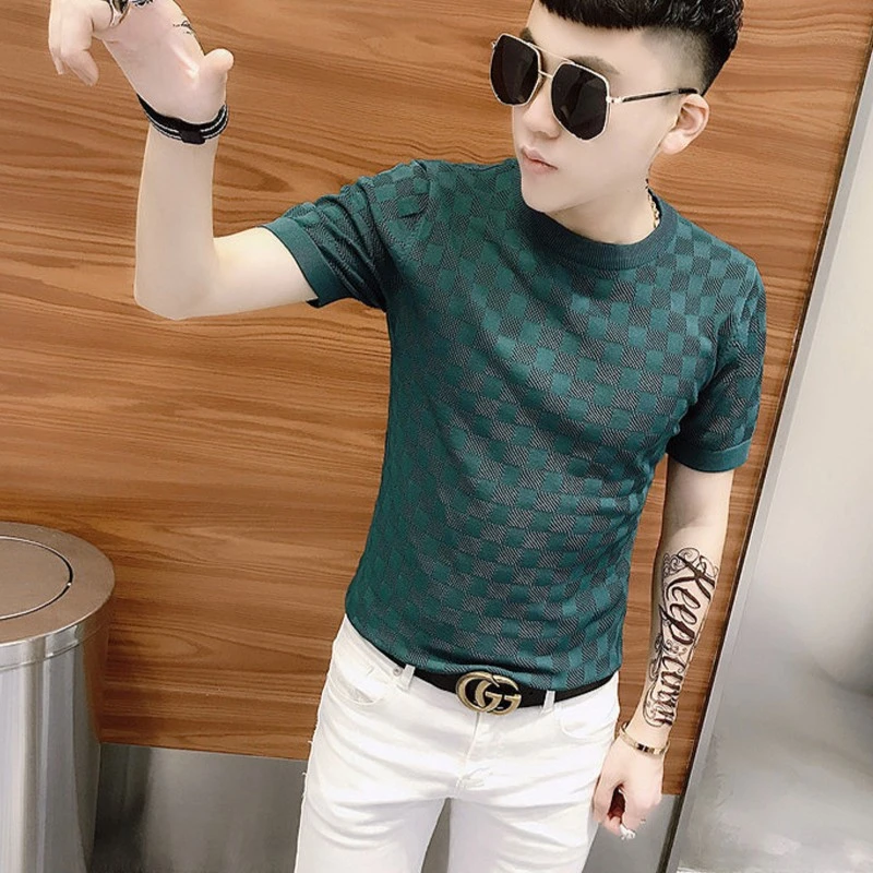 男士夏季冰丝针织短袖欧洲站t恤新款薄款欧货潮牌华夫格修身半袖