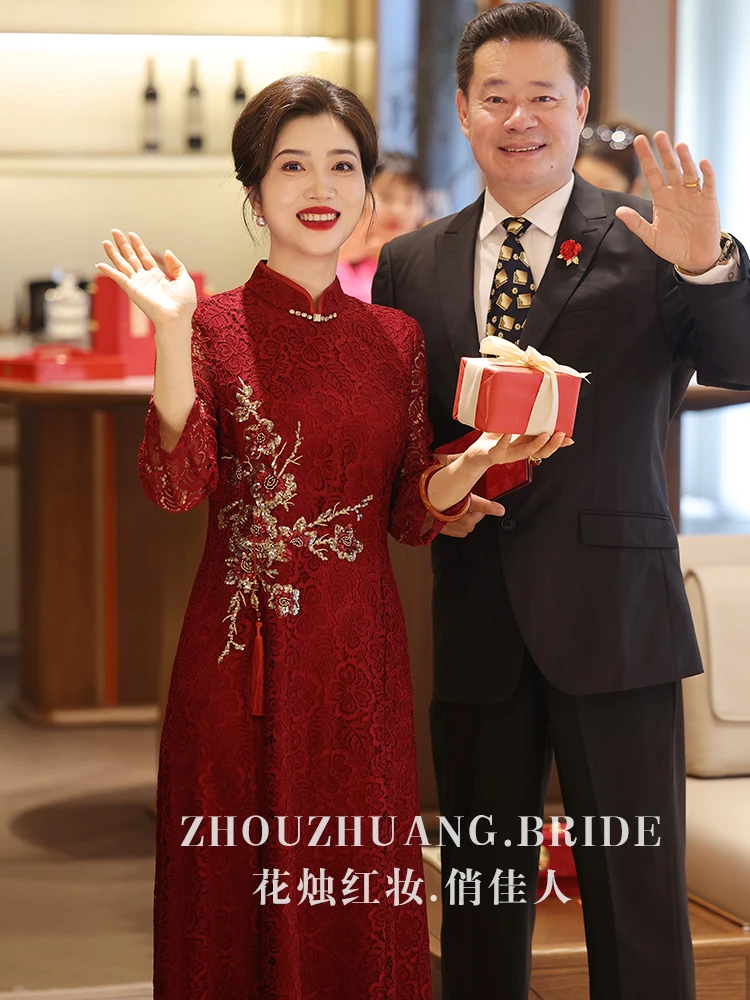妈妈婚宴礼服年轻旗袍喜婆婆婚礼喜服2024新款红色连衣裙平时可穿