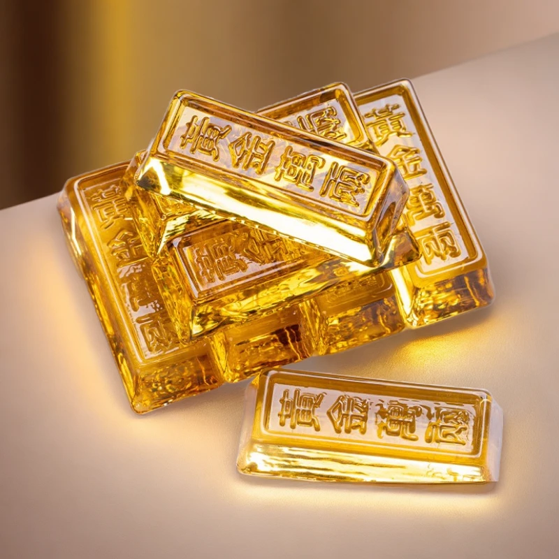 中式金条家居装饰品纳福开业黄水晶金条方形金元宝八卦摆件高档