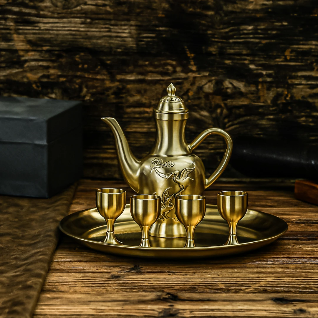 纯铜仙鹤酒壶古风套装复古家用老式酒套中式创意古典铜酒壶礼品