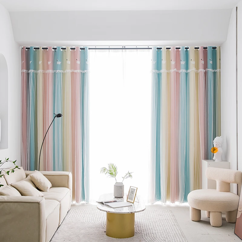 新款双层一体房间遮光窗帘卧室加厚成品印花彩条家用双开简单精美