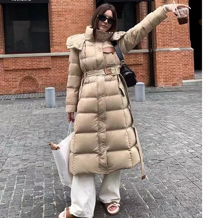 2024新款中长款羽绒服时尚显瘦保暖冬季鹅绒服连帽收腰过膝加厚