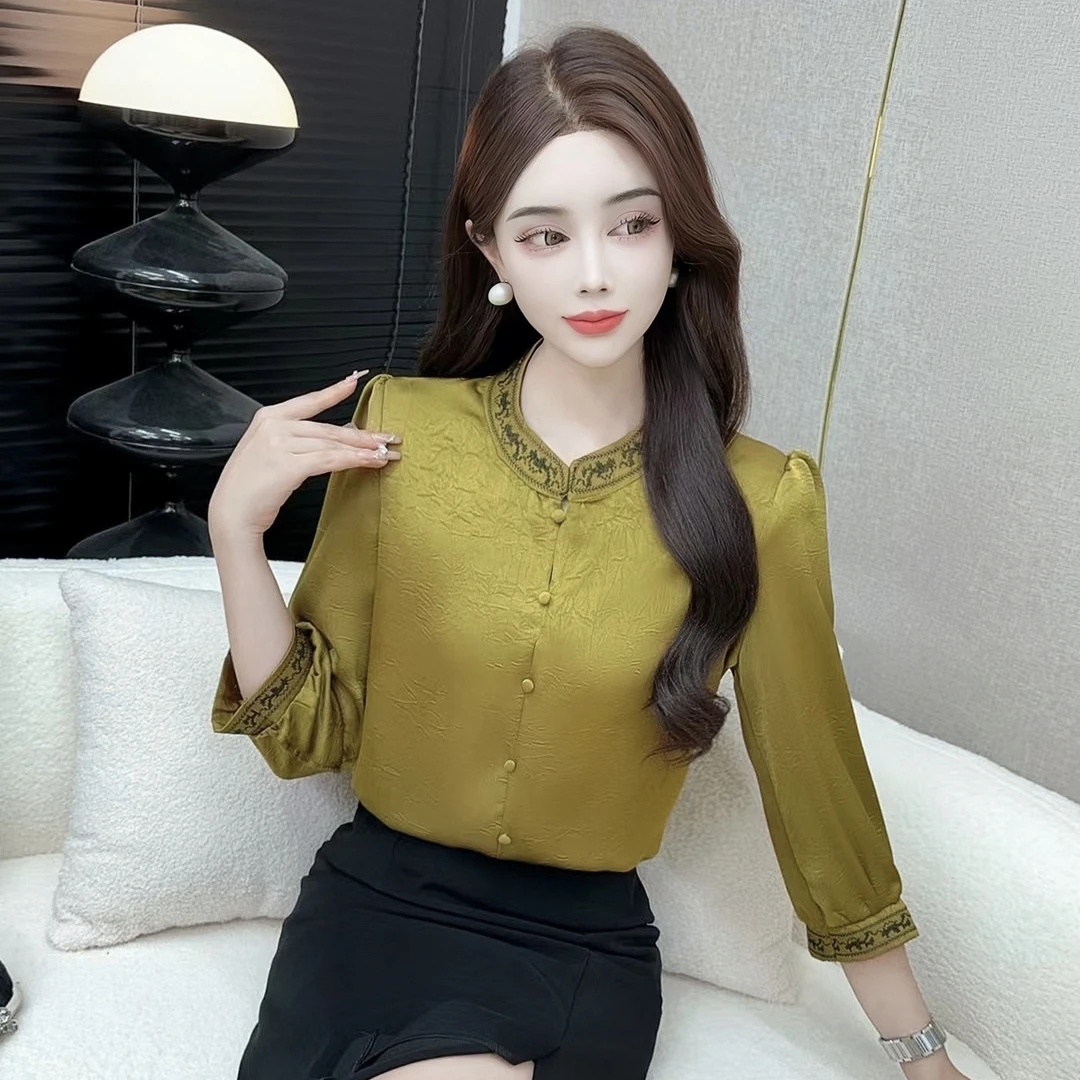 【刺绣小衫】新中式国风百搭纯色高端七分袖衬衣显瘦气质复古上衣