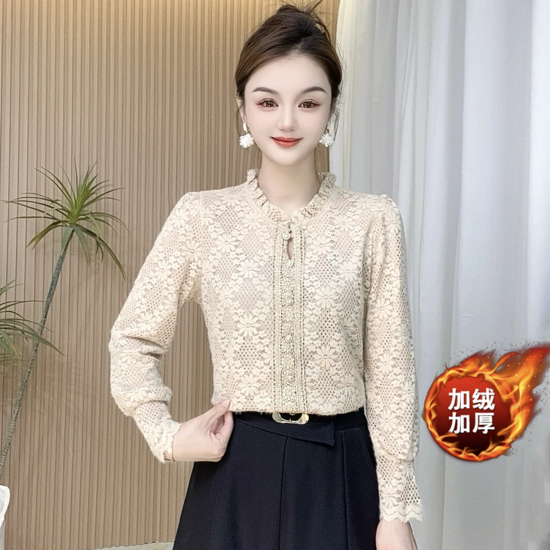 【圆领水绒提花】冬季新款加绒加厚保暖打底衫花边圆领时尚洋气