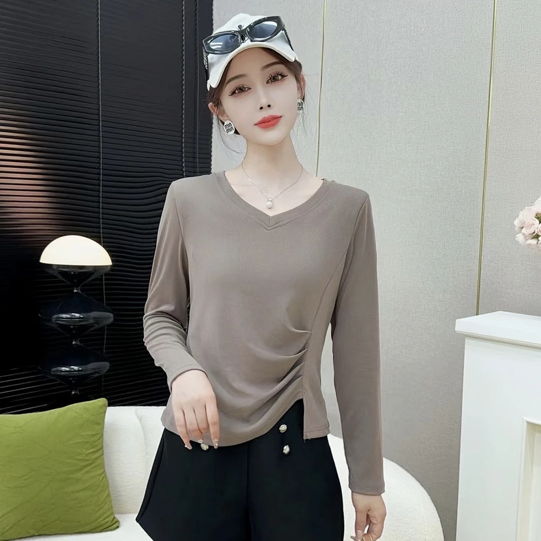 【基础长袖T恤】百搭时尚休闲V领弹力褶皱设计感遮肉显瘦长袖上衣