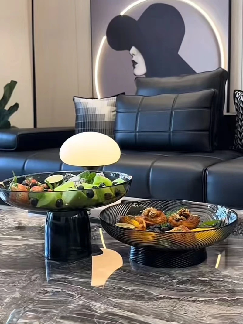 浅灰拼深撞色高脚玻璃果盘摆件轻奢样板间客厅茶几餐桌咖啡厅果盘