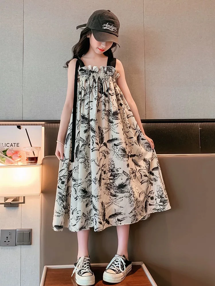 韩国童装女童水墨画吊带裙儿童夏装2024新款连衣裙无袖背心裙子薄