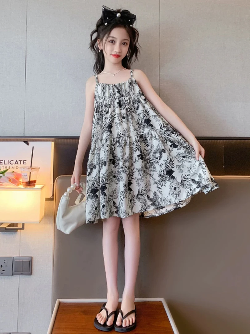 女童夏装连衣裙2025新款女大童洋气水墨画复古吊带裙子儿童公主裙