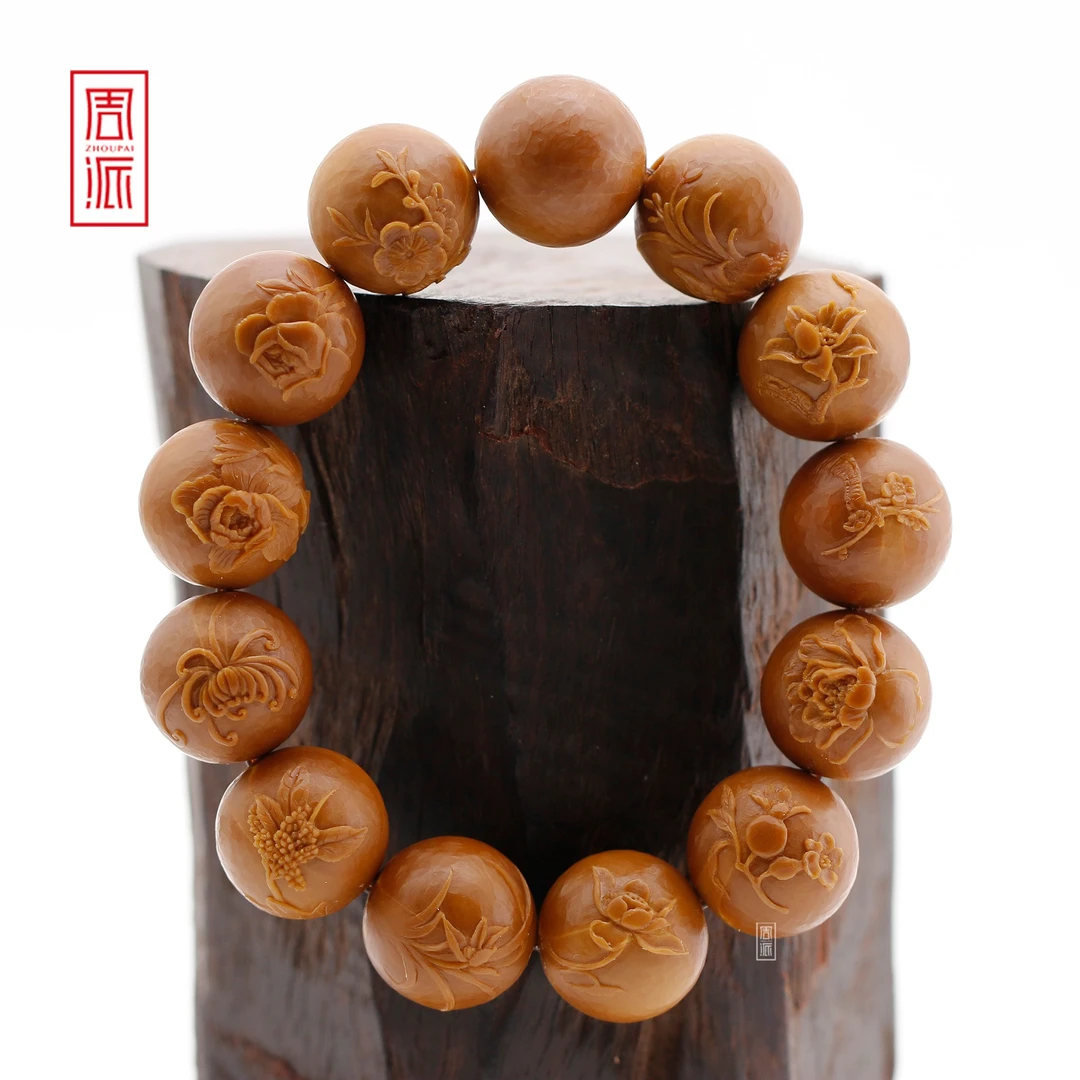 预售周派春毅核坊 正圆十二花神橄榄核手串文玩纯手工雕刻收藏品