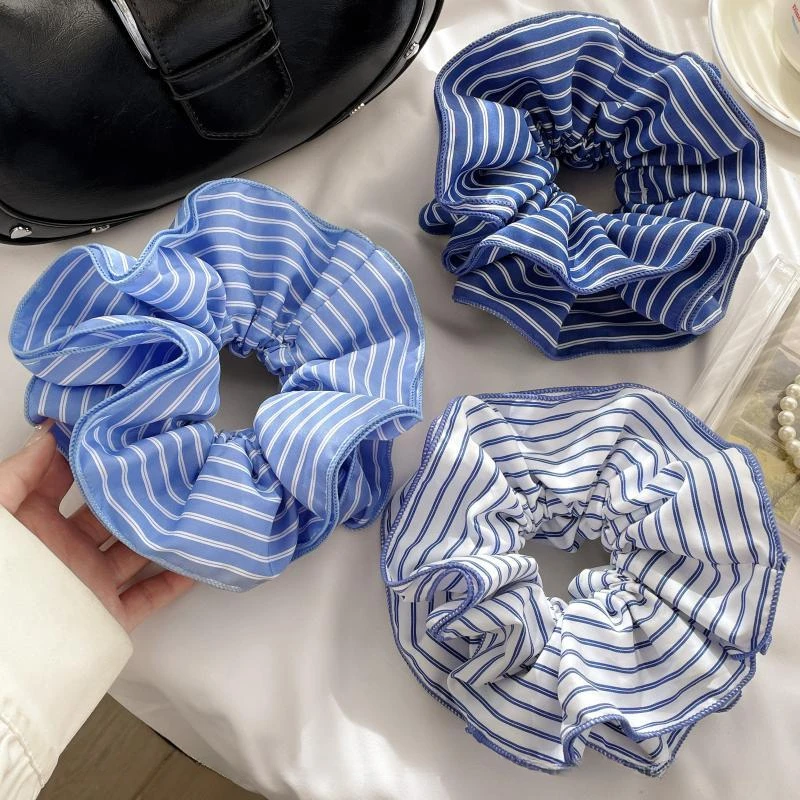 新款大号条纹双层大肠发圈小清新布艺马尾发绳气质皮套头绳发饰品