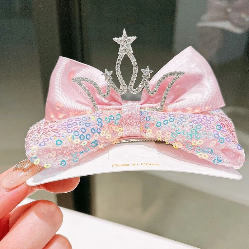 女童公主头饰大号发夹立体皇冠蝴蝶结亮片发卡儿童发饰女宝宝顶夹