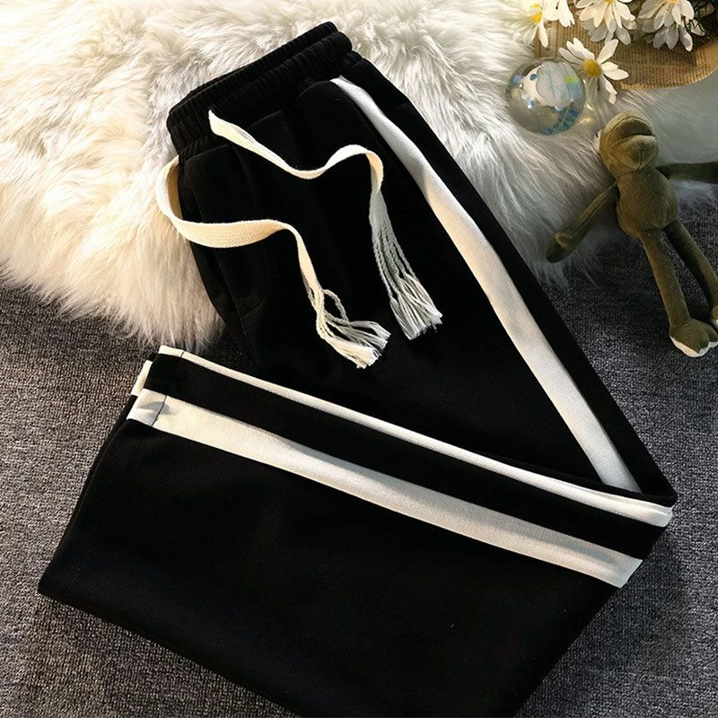 潮牌街头侧边条纹宽松卫裤男女情侣休闲运动嘻哈直筒阔腿长裤子