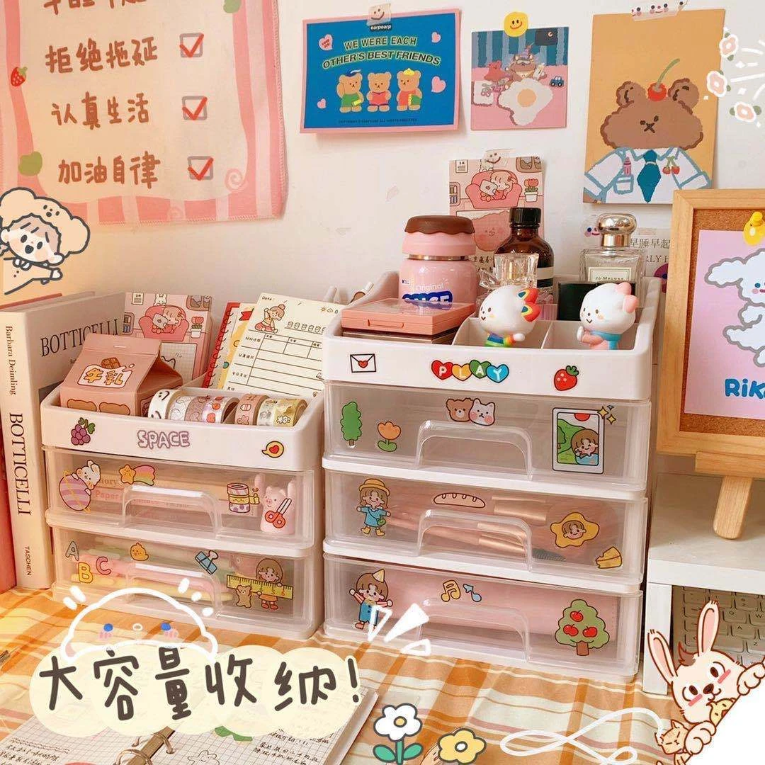 桌面化妆品收纳盒多层抽屉式ins风学生宿室收纳架杂物整理置物盒