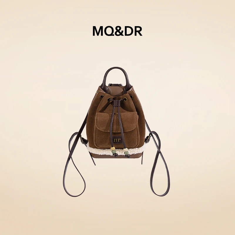 MQ&DR【橘色日落】小众设计磨砂牛皮拼羊羔绒双肩包百搭女