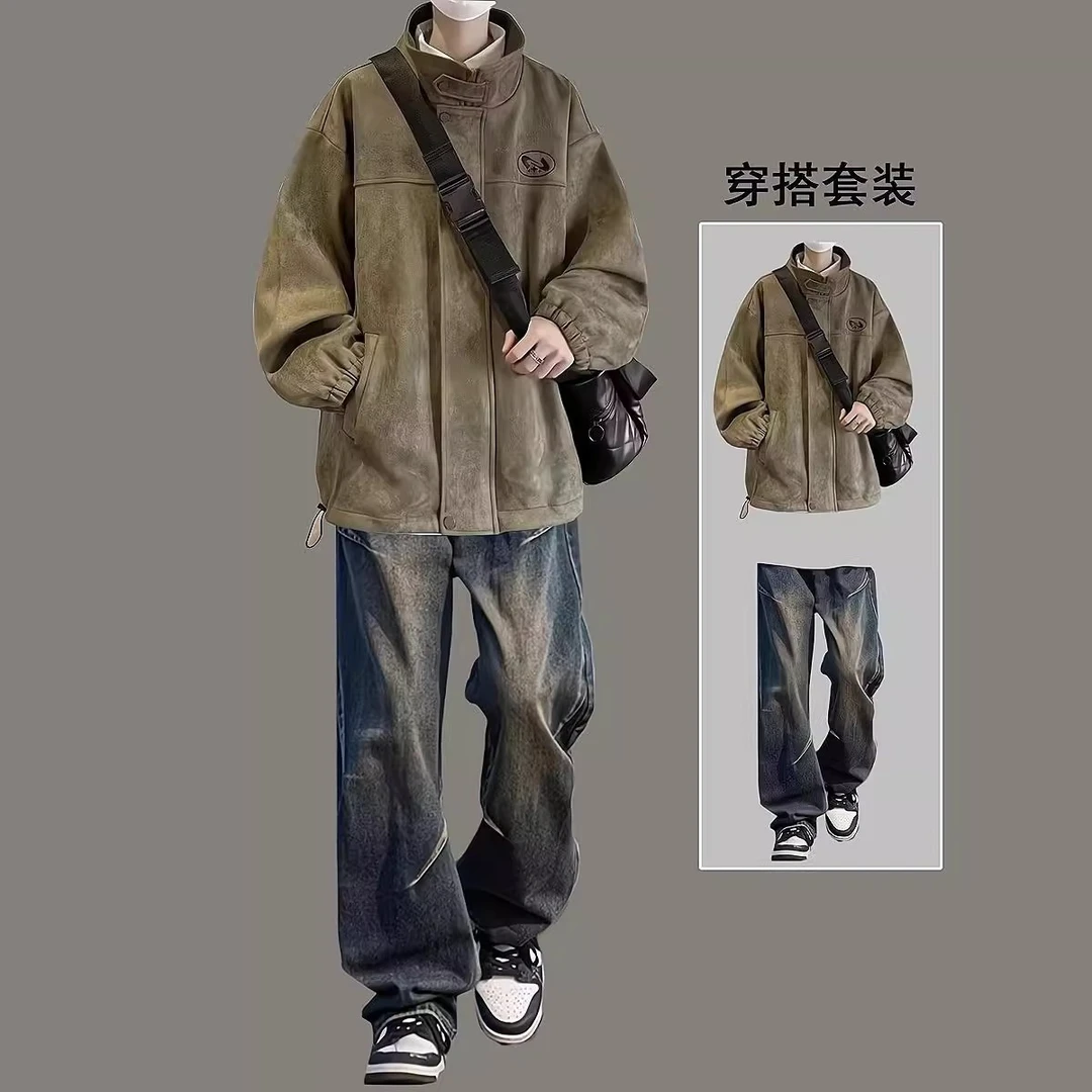 美式复古夹克男士春秋季2024年新款休闲套装外套痞帅高级感两件套