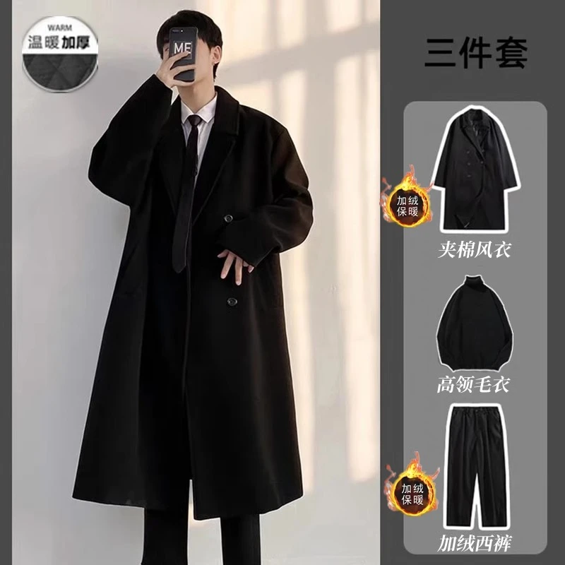 谢尔比过膝呢子风衣套装男秋冬季高级感韩版毛呢大衣中长款学院风