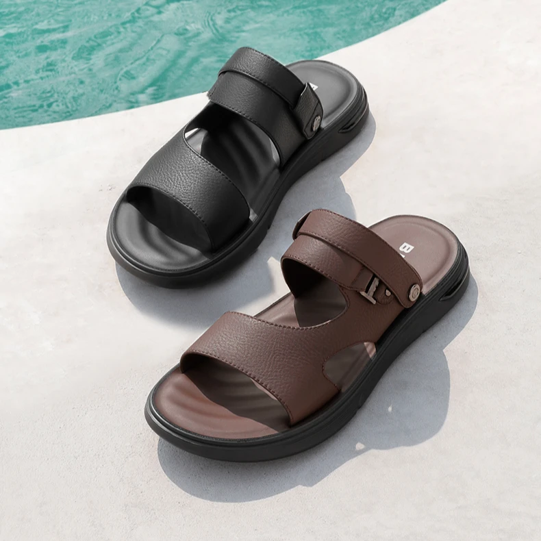 【百丽男鞋】夏季新款牛皮真皮舒适沙滩凉鞋日常男士皮凉鞋7YG01BL3