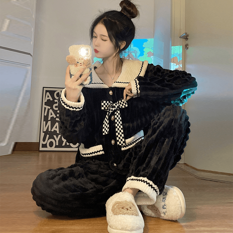 珊瑚绒睡衣女冬季加绒加厚高级感法兰绒冬天家居服套装蝴蝶结黑色