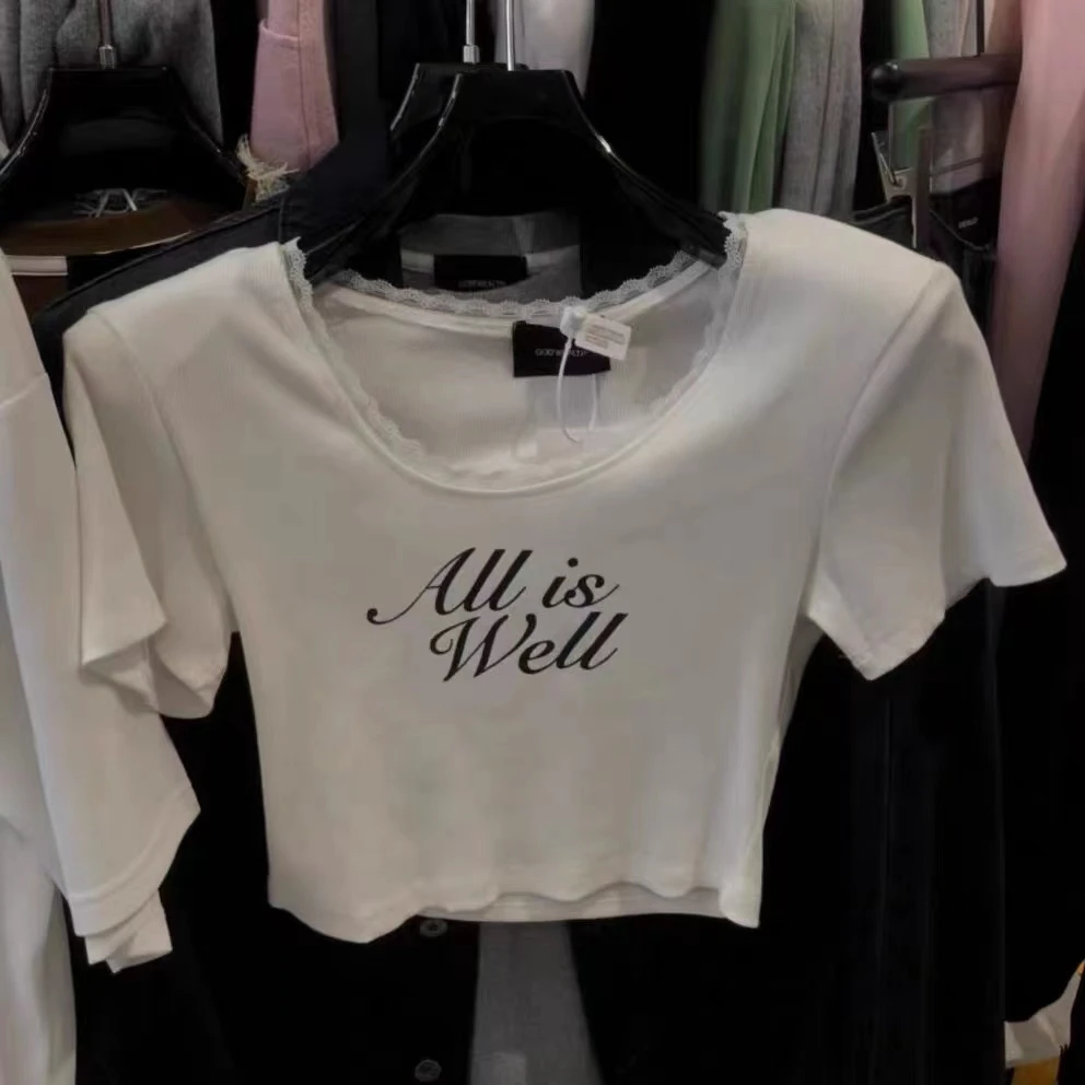 GOD财神家正版2024早秋新款垫肩字母U领弹力修身短款T女网红爆款