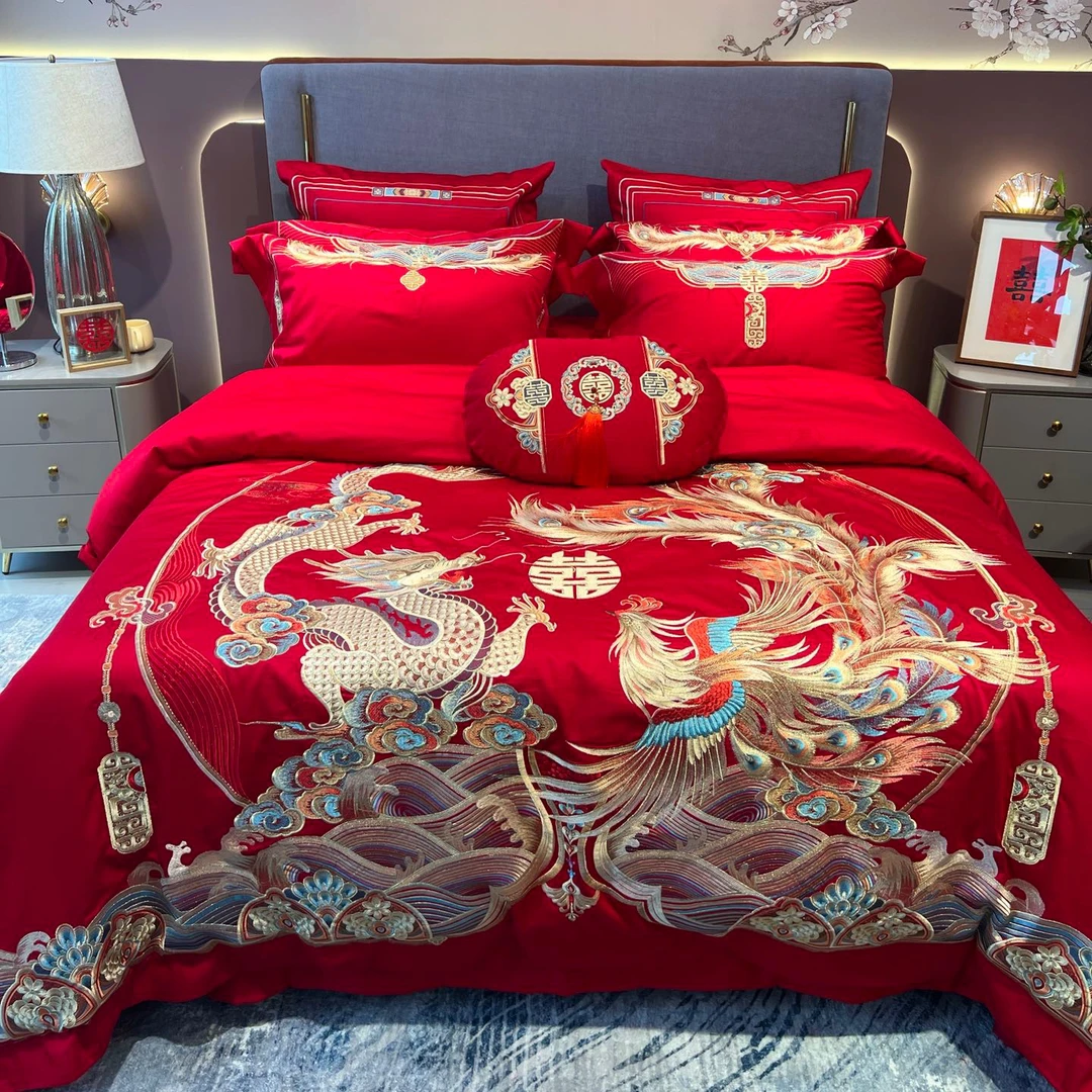 【举案齐眉】中式婚庆100S全棉重工刺绣结婚大红色多件套