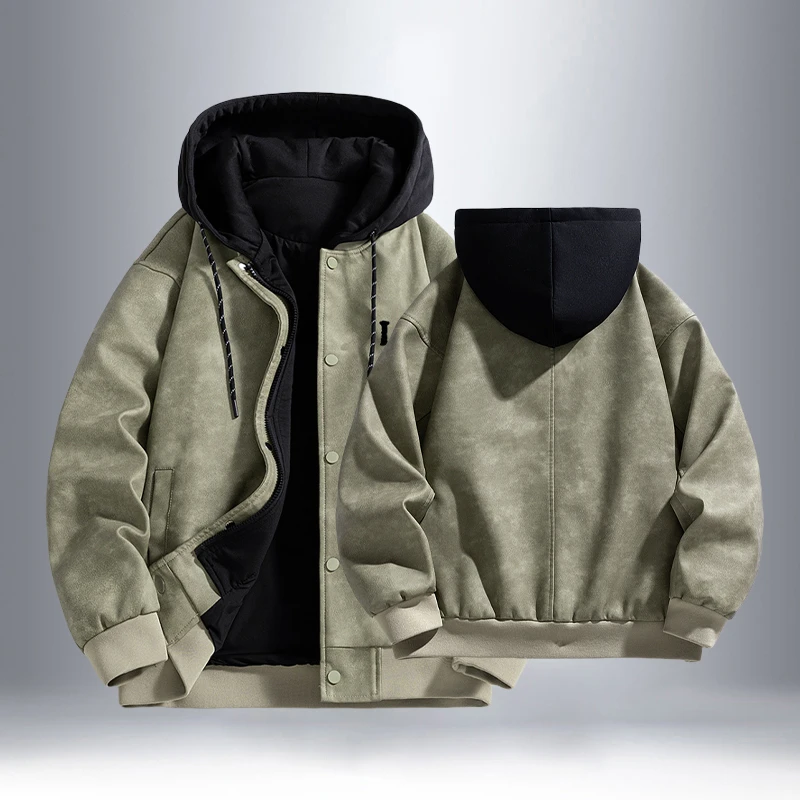 LeeYubb潮牌假两件PU皮外套男士青少年学生秋冬时尚加绒连帽上衣