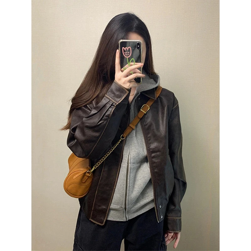 KSKM短款机车皮衣外套女春秋季新款美式复古小众设计感夹克赛车服