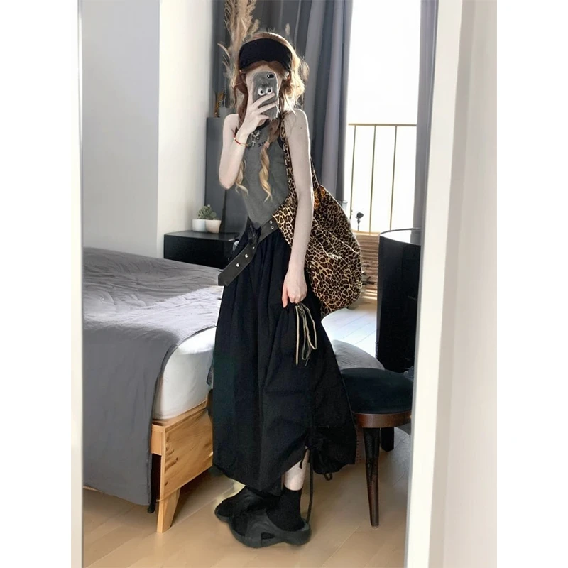 【清仓福利】灰色无袖背心裙女2025夏美式流行设计感黑灰拼接连衣裙