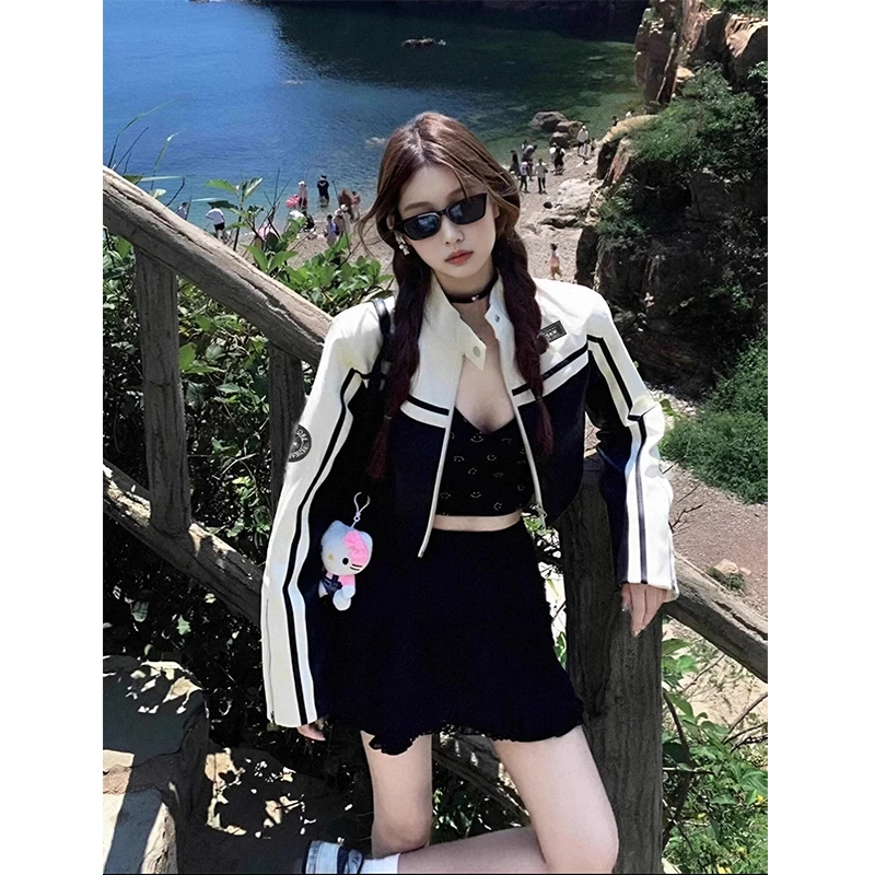 KSKM黑色短款皮衣外套女春秋百搭美式复古小个子辣妹休闲机车夹克