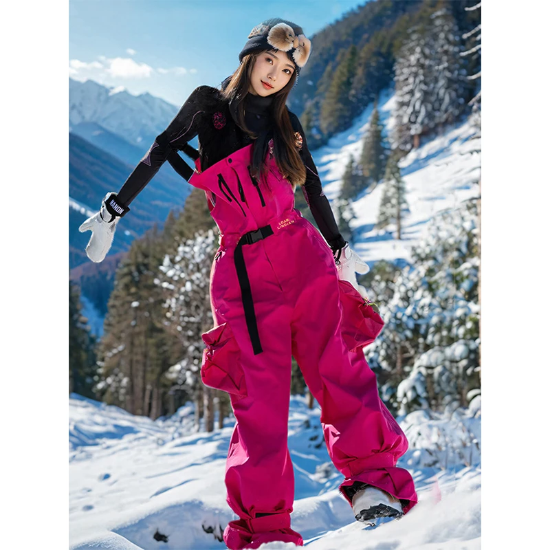 KSKM玫红色滑雪工装背带裤女2025春秋新款小众防寒防水情侣滑雪裤