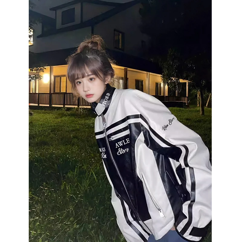 KSKM黑白皮衣外套女春秋季潮牌美式复古高级感小众机车赛车服夹克