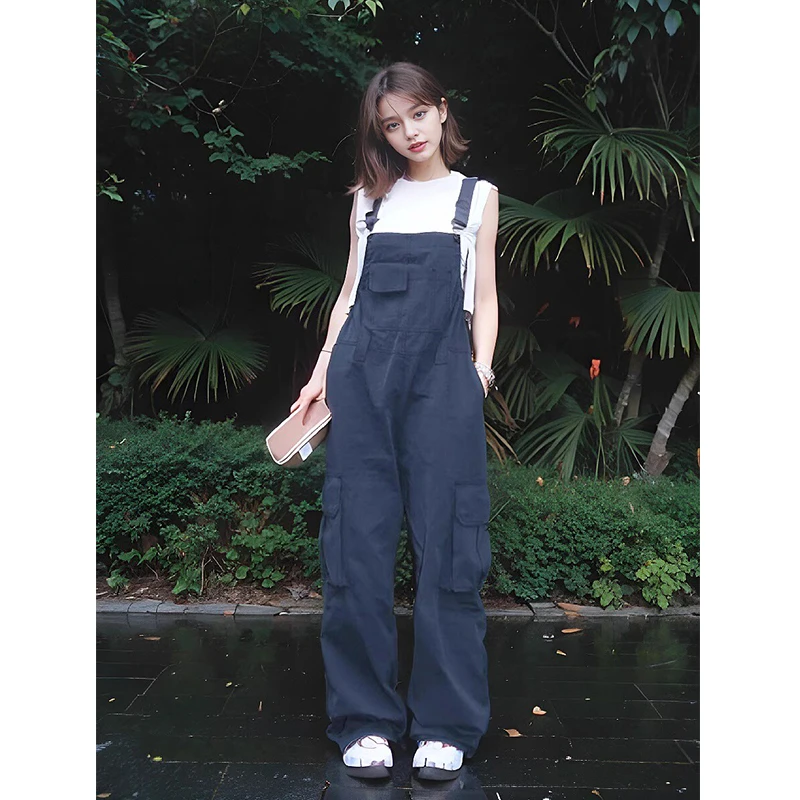 KSKM藏蓝色工装背带裤女2025春夏美式复古休闲风时尚百搭高腰裤子