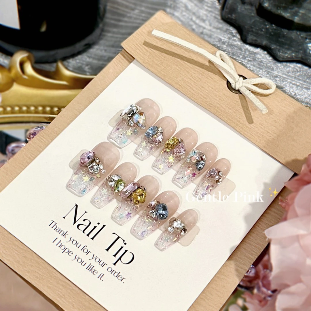 【糖果汽水】纯手工高端穿戴甲显白贴片超闪流行轻透中长梯穿戴美甲