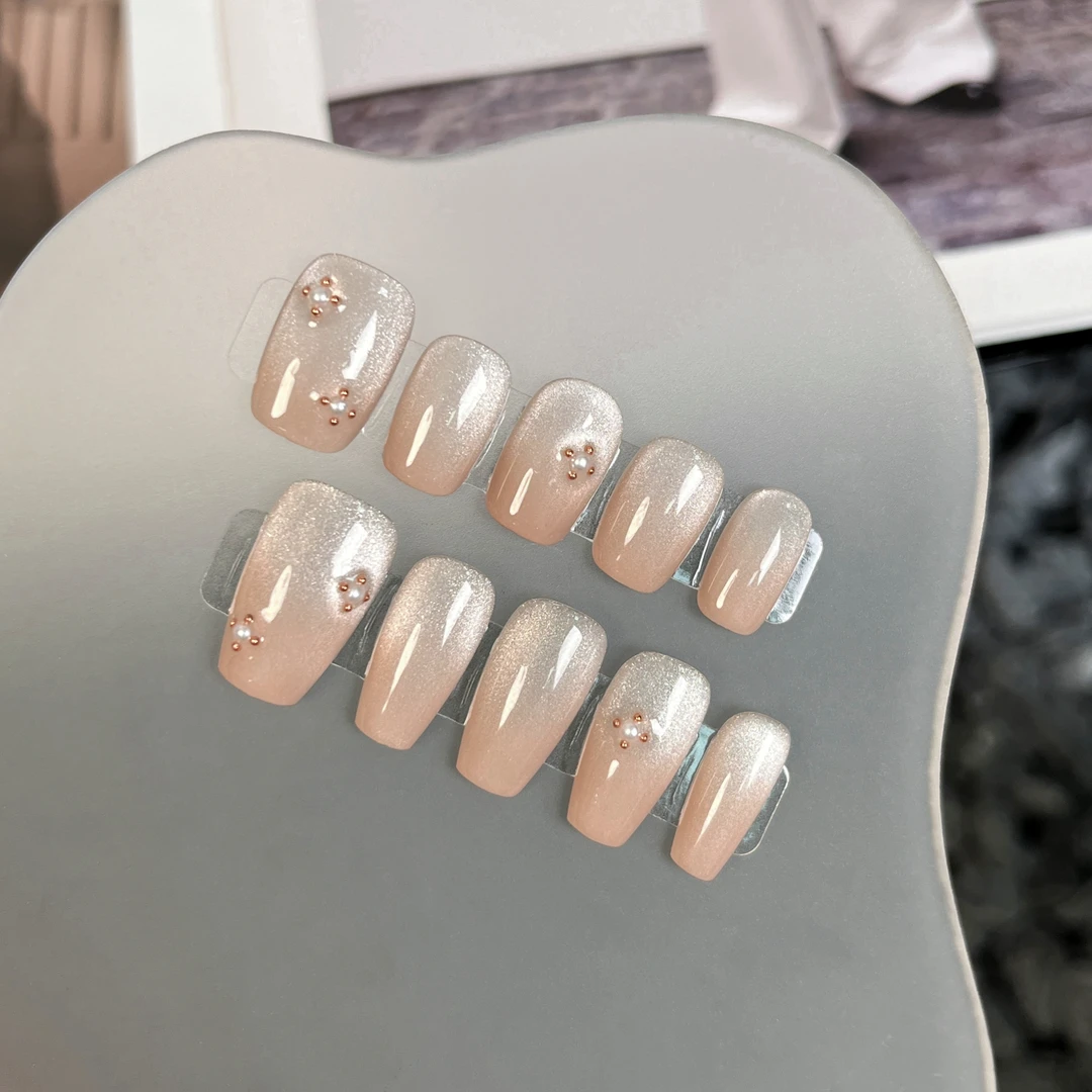 【月明珠】纯手工穿戴甲显白美少女贴片中长梯形可拆卸定制穿戴美甲